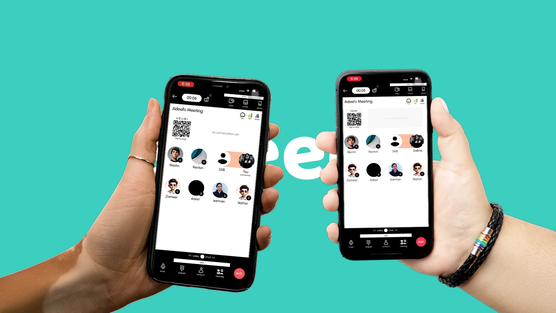 A Speeqr group meeting with eight participants shown on phones