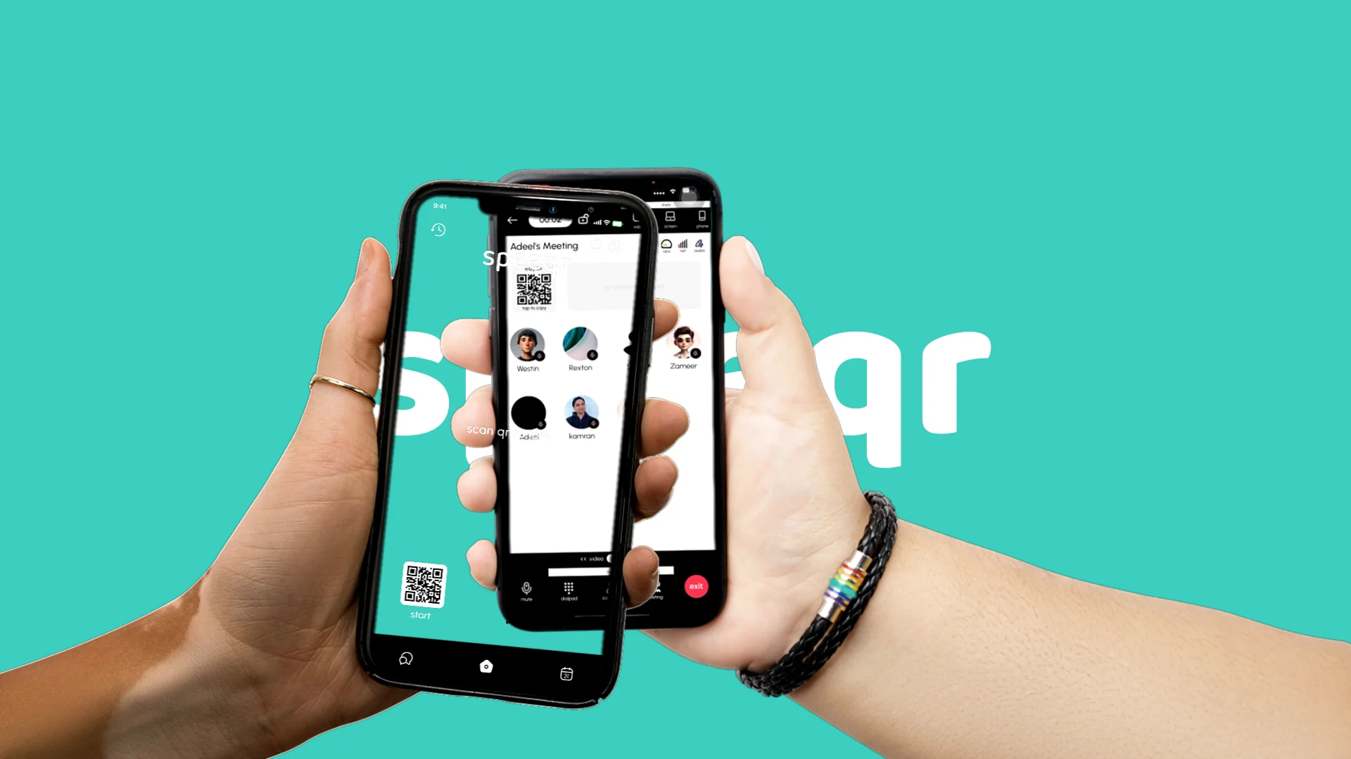 Hands holding two phones scanning a Speeqr meeting QR code